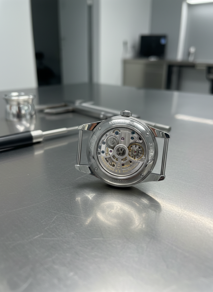 A close-up of an open luxury mechanical wristwatch laid flat on a brushed stainless steel inspection table inside a modern watch factory. The watch case is polished steel with a sapphire exhibition back, revealing intricate gears, blued screws, and a finely decorated rotor. Precision metal calipers and a loupe rest nearby, slightly out of focus. Cool, diffused overhead LED lighting creates crisp reflections on the metal surfaces and subtle shadows along the table grain. Shot at an eye-level macro angle with shallow depth of field, emphasizing craftsmanship and technical precision. The photographic realism and clean, minimalist composition convey professional quality management and attention to detail.